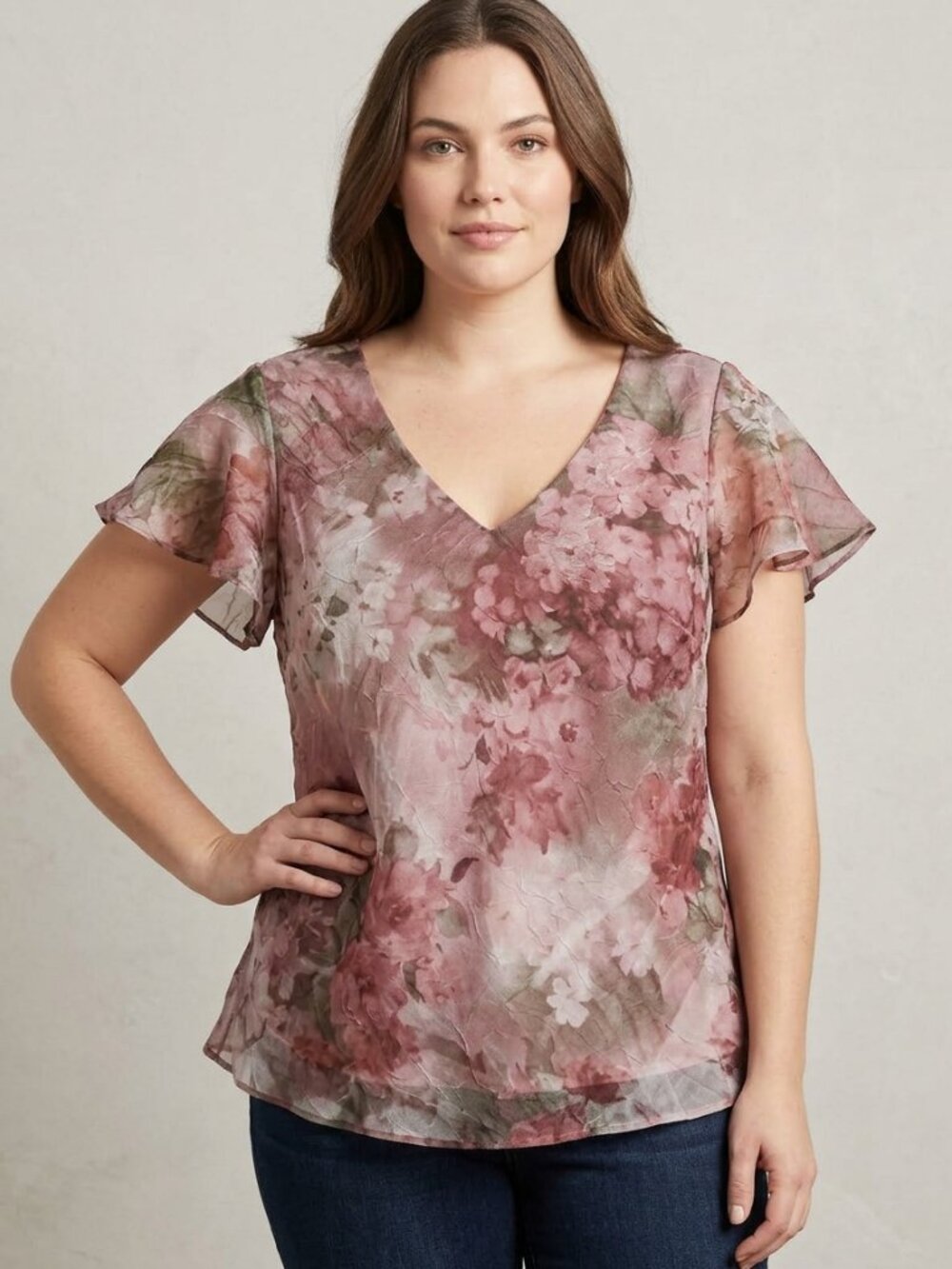 Pink Floral V-Neck Sheer Flutter Sleeve Blouse Top Size 12 Fairycore Romantic